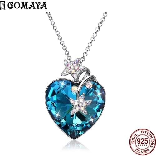 GOMAYA Sterling Silver 925 Jewelry Star Heart Necklace Pendant Trendy Blue Crystal Long Chain Necklaces For Women Wedding Gift