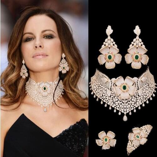 Missvikki Brand Luxury Big Flowers Necklace Bangle Ring Earrings Jewelry Set For Women Wedding Engagement Bridal Actor PartyShow