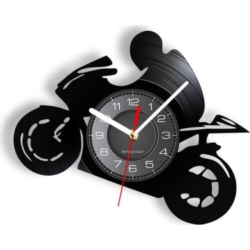 Motocycle Silhouette Wall Clock Made Of Vinyl Re-purposed Record Autocycle Rider Vintage Design Illuminated Wall Watch Artwork