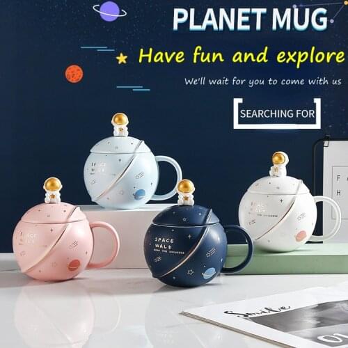 New Astronaut Planet Mugs Cartoon Ceramic Cup Round Creative Personality Gift Cup Drinking Cups Set Coffee Mug with Lid