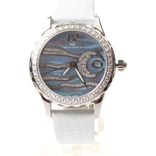 Genuine Seagull MOP Dial Rhinestones Bezel Light Blue Exbition Case Back Mechanical Self Wind Automatic Womens Watch 719.762L