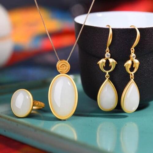 Natural 925 Silver Inlaid Hetian Jade Ring Earrings Pendant Necklace
