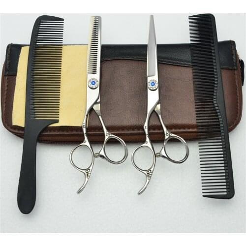 Left Hand 4Pcs Suit 6 inch Customized Logo Silvery JP 440C Human Hair Hairdressing Scissors Cutting Shears + Thinning + Combs