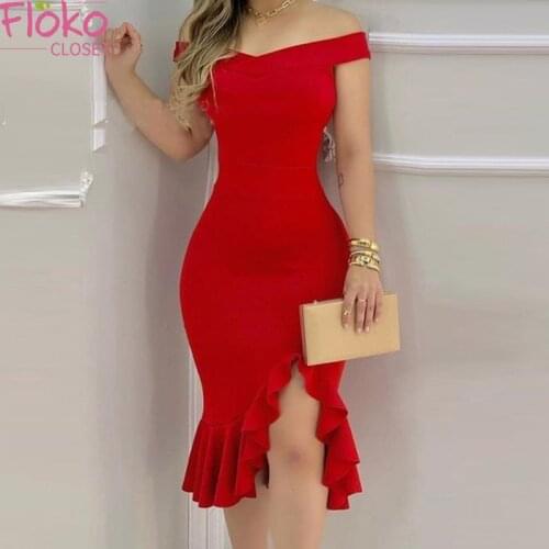 Flokocloset Elegant Office Lady Off The Shoulder Irregular Split Ruffle Midi Dress Summer Party Trumpet Knee-Length Dresses