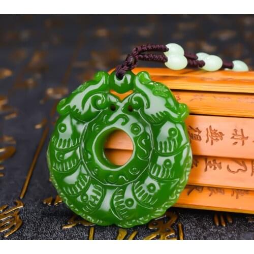 Natural Green Hand-carved Dragon Jade Pendant Jewelry Necklace Safety Buckle Pendant Spinach Green Double Animal Pendant