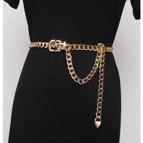 Sexy Hip Women Metal Belts Punk Gold And Silver Square Round Love Lock Buckle Aluminum Chain All-Match Jeans Casual Strap