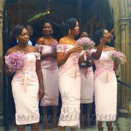 Pink Bridesmaid Dresses Short 2021 Off-The-Shoulder Elastic Satin Appliques African Bridesmaid Dress Plus Size for Women Wedding