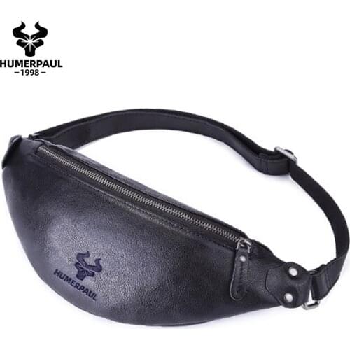 HUMERPAUL Men Waist Bag Pack Quality Casual Large Phone Belt Bag Pouch Male Genuine Leather Travel Phone Bag Fanny Banana Bag