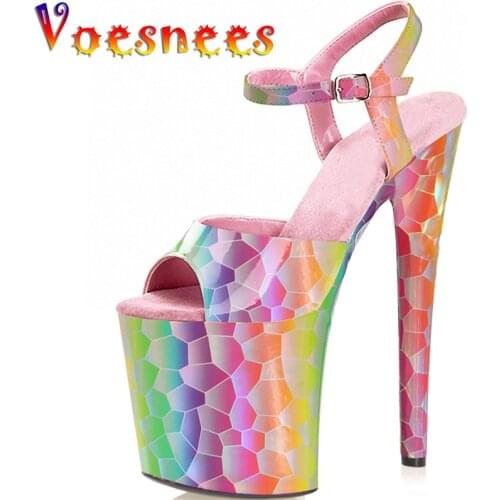 Sexy Nightclub Women Shoes Color Geometric Sandals Platform Peep Toe 20CM Super High Heels Sequins Pole Dance Thin Heels shoes