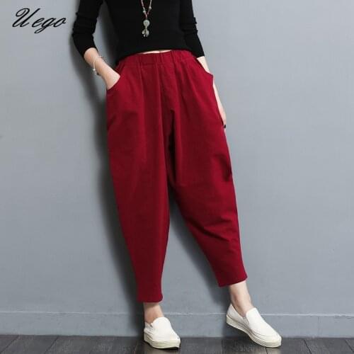 Uego 2021 New Fashion Spring Harem Pants Elastic Waist Loose Casual Pants Cotton Linen Wide Leg Pants Women Long Radish pants
