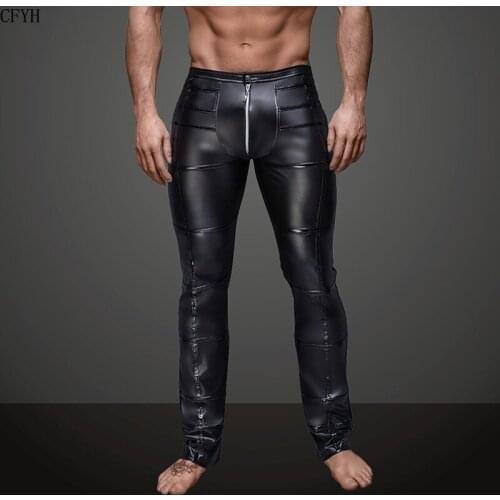 Men Pencil Pants Nightclub Slim Boots Hair Stylist Tight Leg Trousers Faux Leather Clothing Patent Leather Pants