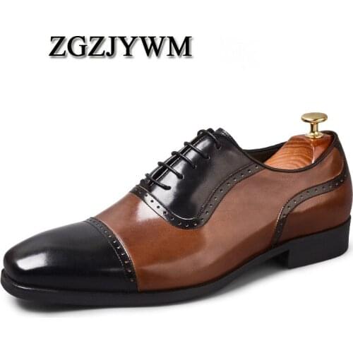 ZGZJYWM High Quality Fashion Spring/Autumn Genuine Leather Flat Patchwork Oxford Lace-Up Dress Wedding Shoes For Men 38-46