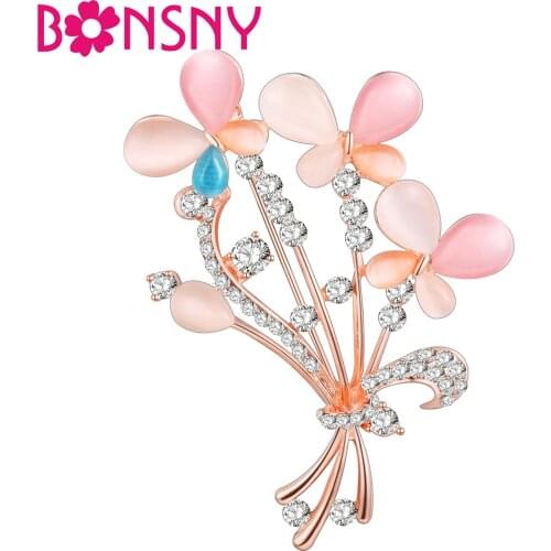 Bonsny Rhinestone Opal Flower Brooch For Women Party Brooches Pin Collar Scarf Decoration New Fashion Jewelry Accessories