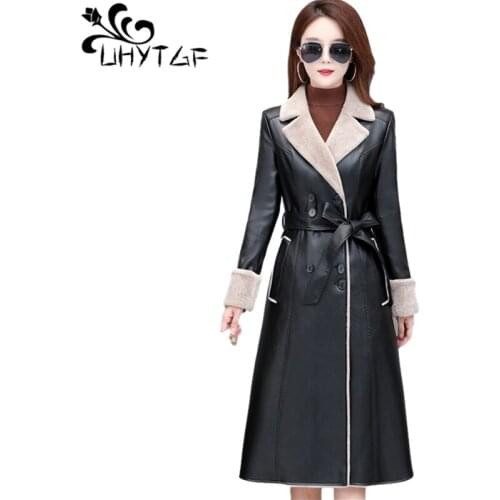 UHYTGF Quality Sheepskin Autumn Winter Leather Jacket Women Double Breasted Slim 5XL Plus Size Coat Long Windbreaker Female 1866