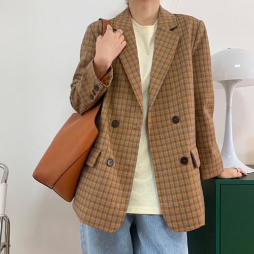 Korean Yellow Plaid Color Contrast Blazers Women Loose Notched Collar Double-breasted Long Sleeve Suit Jacket Female Spring 2021