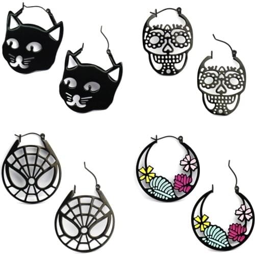 1Pair Vintage Clip Earring Large Dangle Big Party Hoop Earrings for Women Statement Geometric Black Cat Skull Fashion Jewelry
