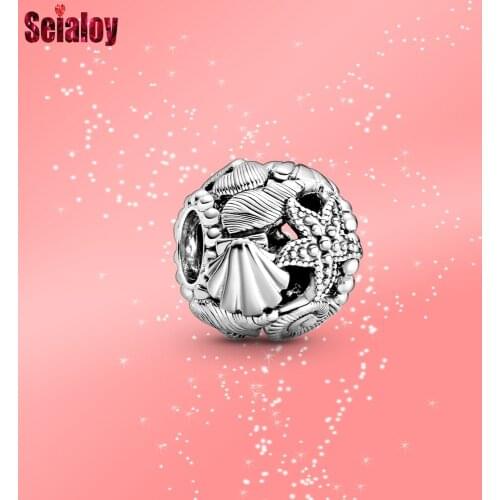 Seialoy 2Pcs Silver Color Starfish Shell And Heart Beaded Ocean Charm Fit Brands Bracelet Necklace Original Jewelry Accessory
