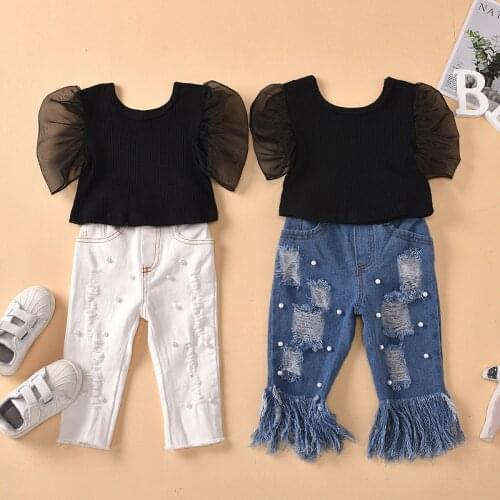 2021 Summer Toddler Girls Clothes Set Baby Denim Outfits 2Pcs/Set Top Shirt + Ripped Jean pants kid Tassels pant 12M-5Y