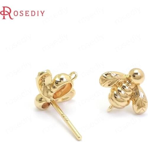 37208)6PCS 10x8MM 24K Gold Color Brass with 925 Sterling Silver Pins Bee Stud Earrings Jewelry Making Supplies Diy Accessories