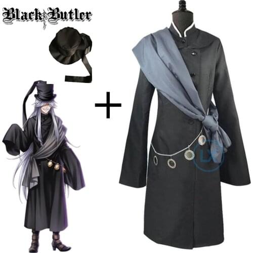 Anime Black Butler Kuroshitsuji Undertaker Cosplay Costume Halloween Party Costumes Custom Made Full Set Hat Chain Hot Sale