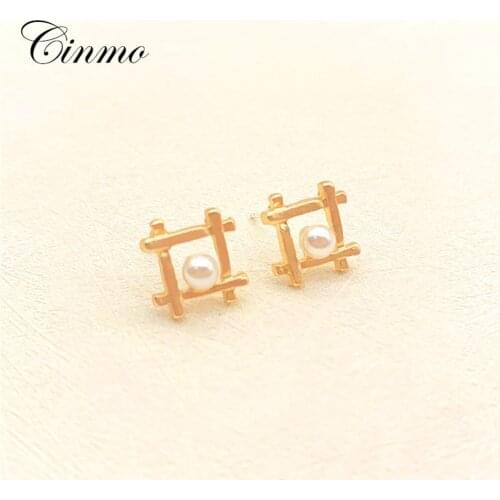 Cinmo Geometric Pearl Piercing Stud Earrings For Women Girls Korean Gold Square Earrings Fashion Party Jewelry Gifts