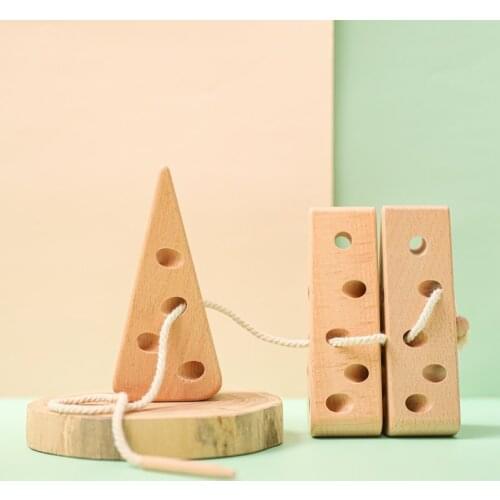 Wooden Kindergarten DIY Cheese Stringing Toy Monterssori Threading Board Lacing Beech Wooden Toy Kids Gift Geometry Block Game