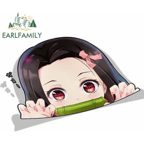 EARLFAMILY Cartoon Car Sticker for Nezuko Kamado Demon Slayer Peeker Big Head Anime Vinyl Rear Windshield Trunk Stickers