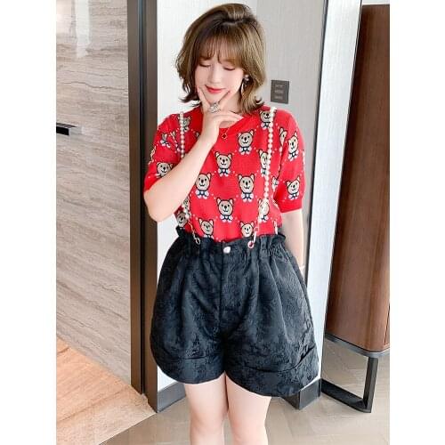 High quality Young girl cartoon jacquard circular knitting summer new short sleeve T-shirt