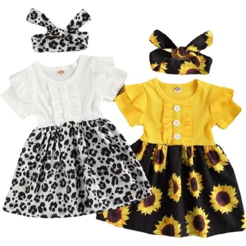 Summer Infant Kids Girls Dress Sunflowers/Leopard Print Patchwork Short Sleeve Knee Length A-Line Dress Headband Baby 1-5 Years