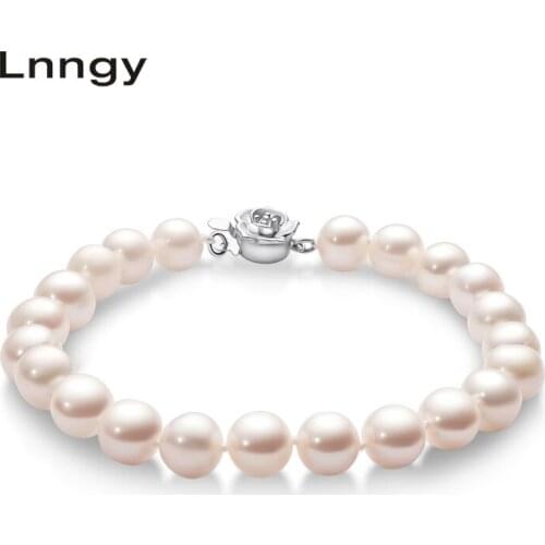 Lnngy 925 Sterling Silver Bracelet 8-9cm Natural Freshwater Pearl Flower Charm Bracelet Women Wedding Engagement Jewelry Gift