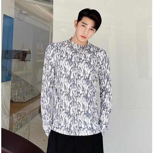 Men Print Long Sleeve Slim Fit T-shirt Male Casual Fashion Tees Tops Net Celebrities Tshirts