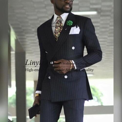 Pinstripe Double Breasted Business Suits for Men Formal Wedding Tuxedo with Peaked Lapel 2 Piece Male Jacket Pants Costume