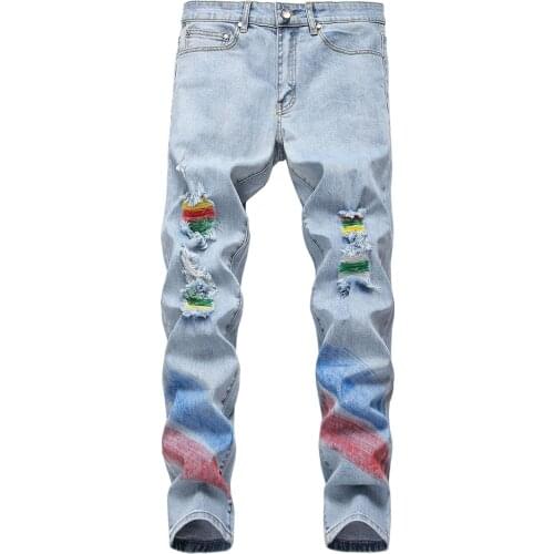 Mens Ripped Jeans Trendy Colored Painted Holes Distressed Denim Pants Slim Stretch Trousers