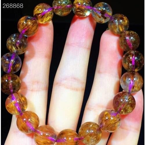 11mm Natural Cacoxenite Gold Rutilated Quartz Bracelet Women Men Clear Round Beads Genuine AAAAAA
