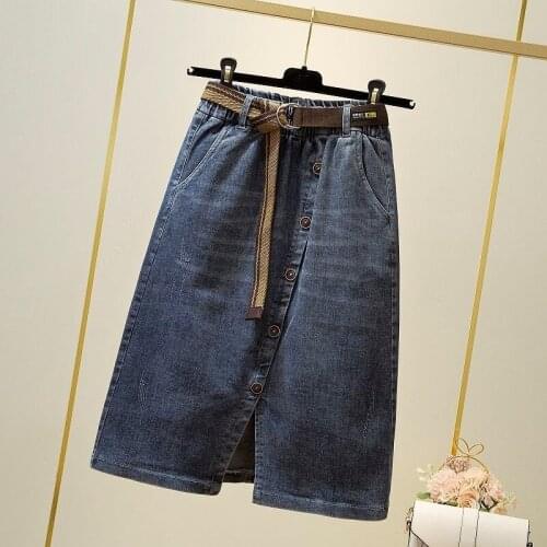 New Summer 4XL Women Skirts Plus Size Casual Loose Button Solid Back Pockets Jeans Skirt For Females Denim MD-Long Cowboy Skirt
