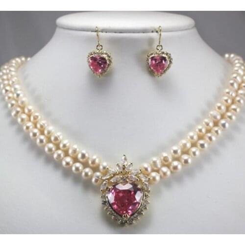 7-8mm 2-row Natural White Freshwater Pearl Necklace Pink faceted zircon metal gold plated earrings jewelry set gift