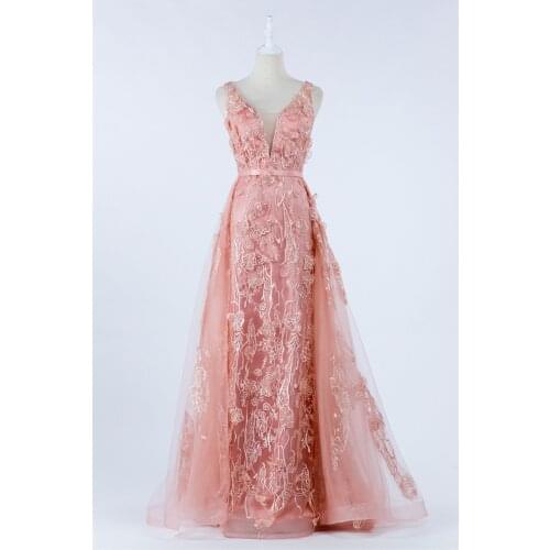 Pink flower Evening Dress 2021 V-neck nice Slit Beadings elegant Trailing luckgirls Customizable mocini tailor