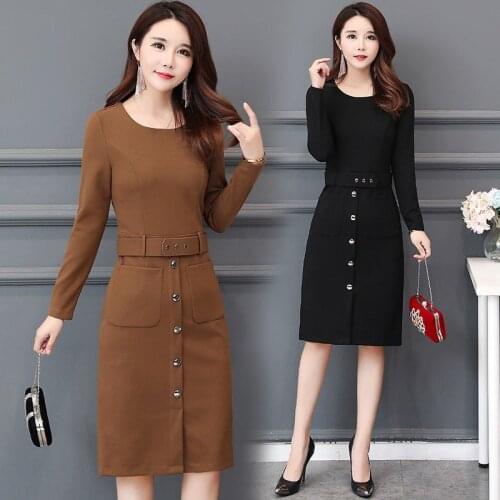 Large size Women Long-sleeved Dresses Fashion Spring Autumn Slim O-neck Elegant Dress Solid With Pocket Casual Female Dress 5XL