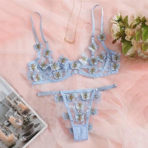 Sexy See-Through Lingerie Set for Women Sex Butterfly Embroidery Bra Thong Underwear Set Exotic Costume Bobydoll Sleepwear
