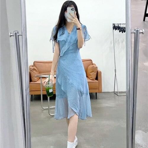 Chiffon Womans Dress V-neck Ruffles Summer Polka Dot Blue A-line Long Dresses Fashion Korean Female Clothes Sweet Style New