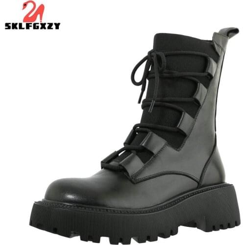 SKLFGXZY 2021 Black Women Genuine Leather Platforms Shoes Womans Ankle Boots Motorcycle Winter Ladies Fashion Leather Chunky