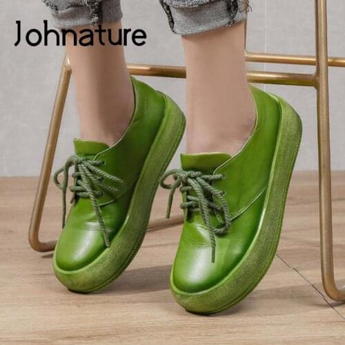Johnature Flats Women Shoes Genuine Leather 2021 New Autumn Lace-Up Shallow Handmade Casual Comfortable Concise Ladies Shoes