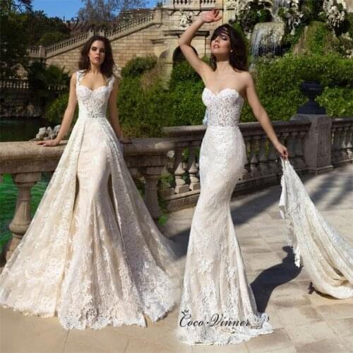 Sweetheart Neckline Embroidery Detachable Wedding Dresses 2 in 1 Elegant Ivory Vestido Novia Negro Mermaid Wedding Gown W0523