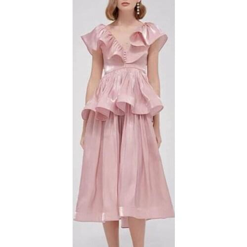 French Pink Princess Style 2021 Summer New V-neck Irregular Splicing Waist A-LINE Ruffles Mid-Calf Solid Women Dress X400