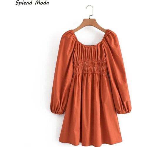 Splend Moda Autumn 2021 Women Vintage Square Collar High Waist Elastic Folds Lantern Sleeve Dress Solid Color Vestido Casual