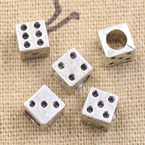 8pcs 7x7x7mm Casino Lucky Dice 4.5mm Big Hole Bead Charm Fits Antique Silver Color Charm Bracelets Wholesale