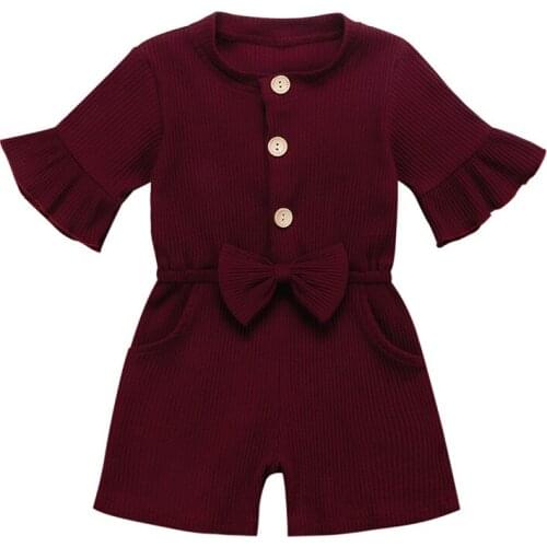 Free shipping Kids Toddler Baby Girls Clothes Ruffle solid pocket Button bow Romper round neck short sleeve Jumpsuit one pieces