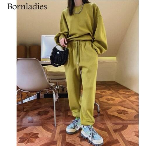 Bornladies 2021 Autumn Women Cotton Sweatshirt Suit Oversized Sets Female O Neck Loose Sweatshirt + Long Pants Suits Short Sets