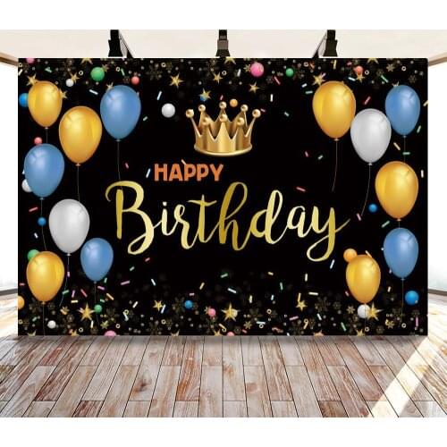 Golden Crown Happy Birthday Backdrop Photocall Smash Balloons Adult Birthday Party Photo Background Black Gold Dots Backdrops
