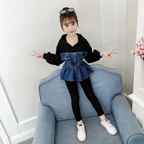 Girls Spring Autumn Stitching Denim Clothing Set Child Slim Hooded Sweater Pants 2pcs Outfits Kids Casual Jackets Pants Clothes